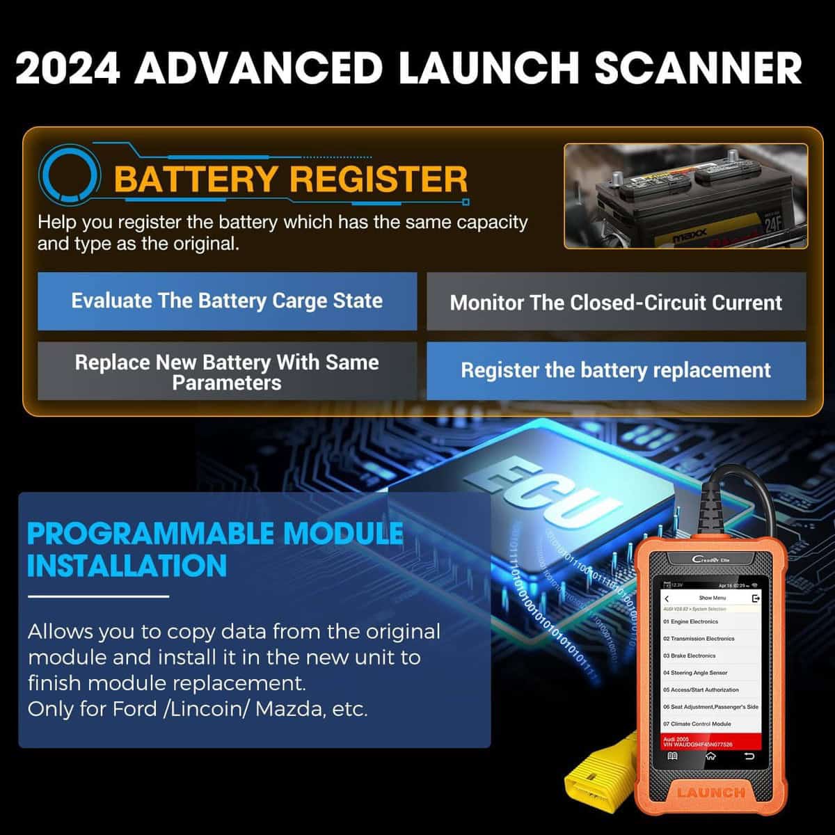 Diagnostična naprava Launch X431 Creader Elite z naprednim testiranjem akumulatorjev in programabilnimi ECU moduli.