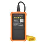 Zadnji pogled na Launch X431 Creader Elite z oznakami, specifikacijami in OBD2 priključkom.